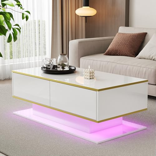 Merax LED Couchtisch Hochglanz mit Goldverzierung, Moderner Wohnzimmertisch 100x50x40 cm, Sofatisch mit 3 Schubladen & USB-LED-Licht, Kaffeetisch Beistelltisch Weiß