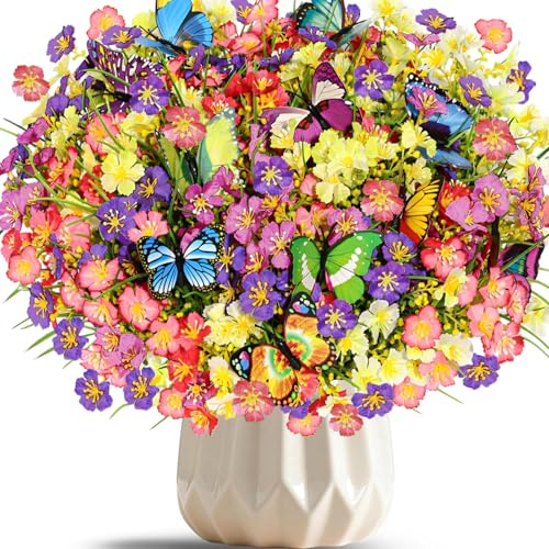 duludulu 12 Bundles Artificial Flowers Outdoor, Silk Faux Flowers UV Resistant Fake Flowers No Fade With 8 Pcs Butterflies for Hanging Planter Home Wedding Porch Window Indoor Decor(6 Colors)