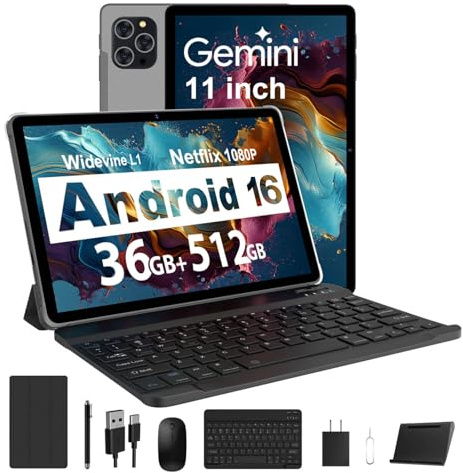 RUSHAR Tablet 11 Pollici Android 16 con 36GB RAM+512GB ROM (2TB TF), 4G LTE & 5G WiFi, Octa-Core, 2000 * 1200, Widevine L1, 8000mAh, 13MP+8MP, GPS, Face ID, BT 5.0, Tablet con Tastiera, Grigio