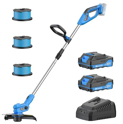 Akku Rasentrimmer mit 2X 2.0Ah Akkus & Ladegerät – Ultraleicht (1,9kg), 30cm Grastrimmer mit 9000RPM & 3 Spulen. Ideal für Rasenkanten & Gartenpflege (Hellblau)