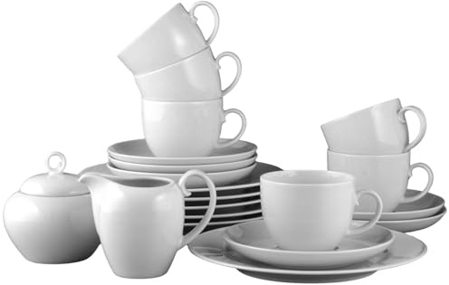 Seltmann Weiden Kaffeeservice 20-teilig | Rondo Liane Uni, 6 Personen, inkl. Milchkännchen & Zuckerdose, Spülmaschinenfest, Porzellan, Weiß