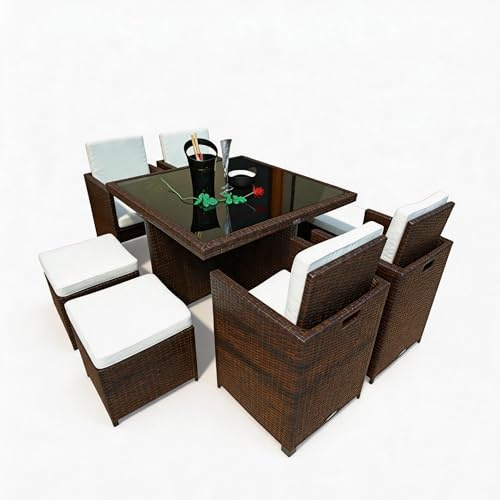 Ragnarök-Möbeldesign PolyRattan - DEUTSCHE Marke - EIGNENE Produktion - 8 Jahre GARANTIE auf UV-Beständigkeit Gartenmöbel Essgruppe Tisch + 4 Stuhl Braun Hocker 12 Polster