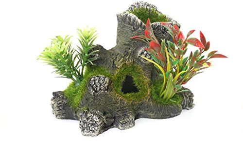 Blue Ribbon 911773 Hohler Baumstumpf mit Pflanzen, Kleines Aquarium und Aquaristik-Ornament, 15 cm