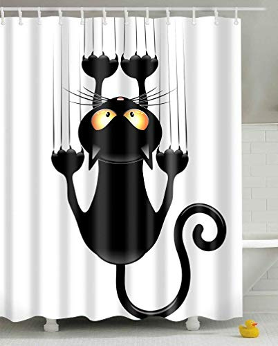 Leashy Duschvorhang Lustige Katze humorvoll Schwarzes Kätzchen Badewanne Vorhang Schwarz und Weiß Minimalismus Kunst Kinder Niedliche Cartoon Tier Wasserdicht Stoff Badevorhang 180x180cm