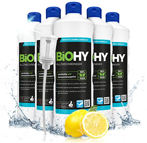 BiOHY Allzweckreiniger Konzentrat (6 x 1 Liter) + Dosierer | Bio Allesreiniger für Boden und Haushalt | Kalkreiniger Konzentrat mit universaler Anwendung | schnell und effektiv