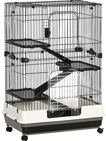 PawHut Gabbia a 3 Piani in Metallo con Vassoio per Roditori, Conigli e Furetti con 4 Ruote, 81.2x52.7x114cm, Nera