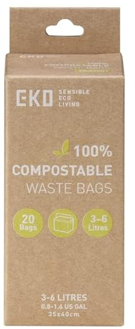EKO 3-6 Litre Compostable Bin Bags for Food Waste Caddies, Leakproof and Tear-Resistant, Unscented Food Waste Bags, 20 Count, Code A, White