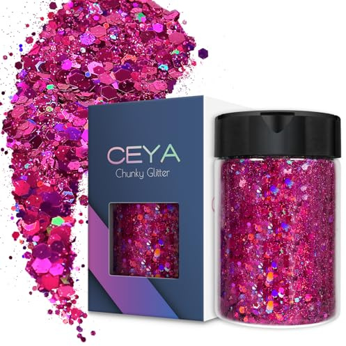 Ceya Glitter olografico grosso, 140 g, polvere di glitter fucsia misti, fiocchi grossi e fini, paillettes iridescenti, per nail art, capelli, resina epossidica, bicchieri, melma, pittura, decorazioni