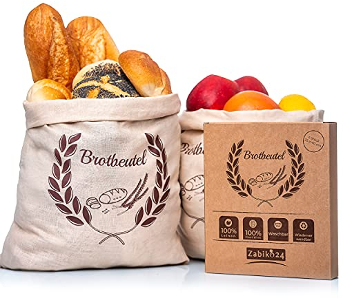 Zabiko24 - Brotbeutel 2er Set - aus 100% Natur Leinen - Zur Brotaufbewahrung (35 x 40cm) - Brottasche Schutz gegen Schimmel und Bakterien inklusive Gratis-Brotrezepte