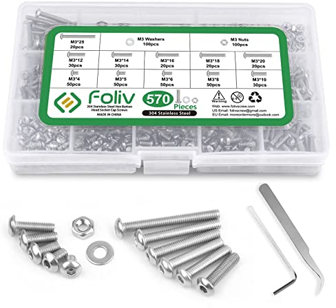 Foliv 570 PCS Edelstahl M3 Schrauben und Muttern Sortiment Set, Silber Halbrundkopf Innensechskant Schraube Flachscheibe Kit, Gewindemaschinen Sechskantschrauben für Home Office Industrieelektronik