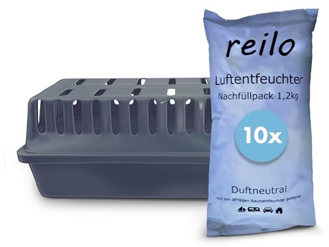 reilo 1x XXL Raumentfeuchterbox und 10x 1,2kg Luftentfeuchtergranulat, Luftentfeuchter-Komplettset, Raumentfeuchter im Vliesbeutel, Staffelpreis, für Auto, Schlafzimmer, Keller