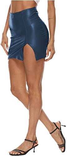 Pelisy Donna Vita Alta Sexy Split Minigonna in Pelle Slim Wrap Bodycon Zipper Corta Clubwear PU Gonna Blu Scuro, S
