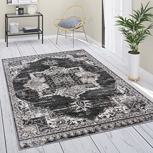 Paco Home Tapis De Salon Tapis De Salon Poil Ras Tapis Vintage Motif Oriental Floral Style Mandala Moderne avec Bordure, Dimension:120x160 cm, Couleur:Noir 3