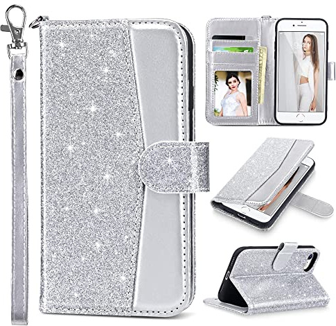 ULAK Coque Portefeuille pour iPhone SE 2022/SE 2020, argentées | Housse en Cuir Protection avec Porte Carte, Fonction Support, Magnétique Portefeuille Coque pour iPhone 8/iPhone 7