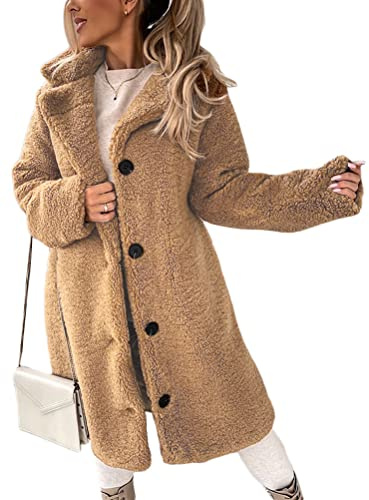 Onsoyours Veste en Peluche pour Femme Long Patte de Boutonnage Revers Manteau Polaire Trench Élégante Manteau Parka Outwear avec Poches Automne Hiver