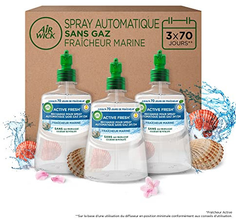 Air Wick Désodorisant Maison Spray Automatique Sans Gaz Active Fresh - 3 Recharges Parfum Fraîcheur Marine