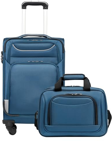 COOLIFE Resväska, resväska med 4 hjul, tygväska, handbagage TSA-lås, resväskan innehåller 1 stor axelväska, Blå + silver, Handgepäck-Set 2tlg, Softbox i Oxford-tyg