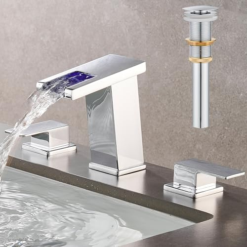 AVSIILE LED Bathroom Faucet 3 Hole, Chrome Waterfall Bathroom Faucets, 8 Inch Widespread Modern Bathroom Sink Faucet & Parts, Wide Spread Touch On Three Hole 2 Handle 3 Piece Bathroom Vanity Faucet
