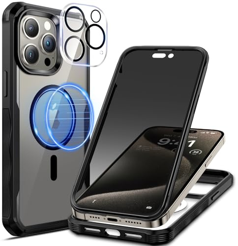 seacosmo Sichtschutz Hülle für iPhone 15 Pro Max[Kompatibel mit Magsafe], Anti-Spy Handyhülle 360 Grad Schutzhülle, Stoßfestes Case mit Privacy Panzerglas und Kamera Schutzfolie [9H HD]-Schwarz