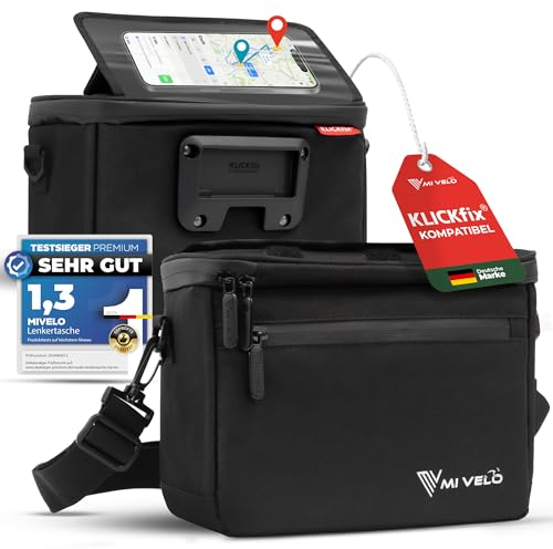 MIVELO Lenkertasche Fahrrad passend für KLICKfix - Fahrradtasche Lenker - wasserabweisend & geräumig - Lenkertasche - Tasche Lenker - E-Bike tauglich - mit Handyfach (Schwarz)