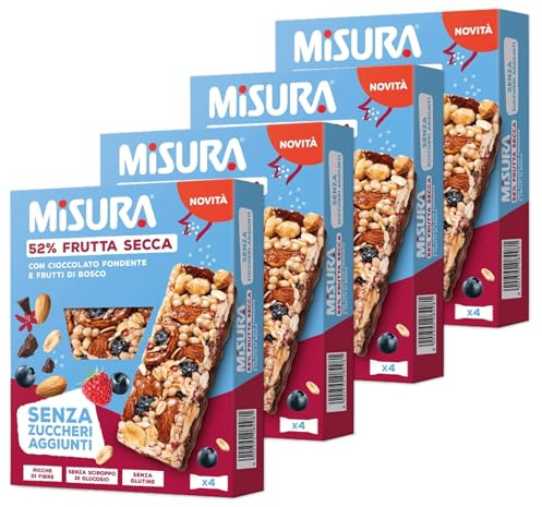 Misura Barrette con Frutta Secca Mandorle, Arachidi, Cioccolato Fondente e Frutti di Bosco Senza Zuccheri Aggiunti 120g - Novità 2024 [4 Confezioni]