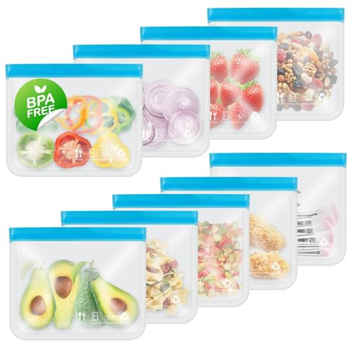 Reusable Freezer Bags, Leakproof Food Storage Bags, BPA FREE Ziplock Bags, Food Containers for Meal Prep,Travel, Make-Up, Fridge Kitchen Organization, 9 Pack (9 Medium)