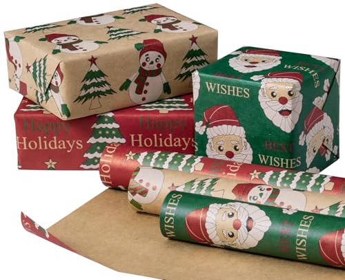 RUSPEPA Weihnachts-Geschenkpapierrolle aus Kraftpapier – 43,2 cm x 3 m pro Rolle, insgesamt 3 Rollen – Schneemann, Weihnachtsmann und Weihnachtsbaum