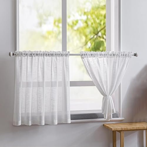 Lumeclat Set di 2 Tendine Corte Semi-trasparenti, 63.5X93.5cm, Bistrot Bianche, Decorazione Tenda, Tende in stile country, Effetto Lino per Cucina, bagno e Soggiorno,Stile Country,Per Finestre Piccole