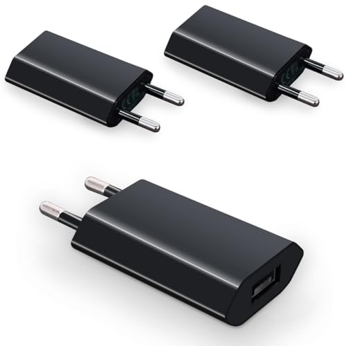 Waytex Set di 3 caricabatterie USB per dispositivi mobili, presa a muro europea a 2 pin, USB-A, presa caricatore universale, colore: nero