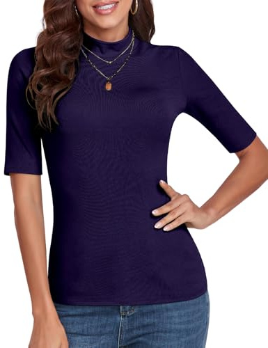 WOWENY Kortärmad tröja för kvinnor, elegant, 1/2-ärm, t-shirt med elastisk ståkrage, polotröja, t-shirt, bomull, bastoppar, blus, skjorta, Kortärmad marinblå, XL