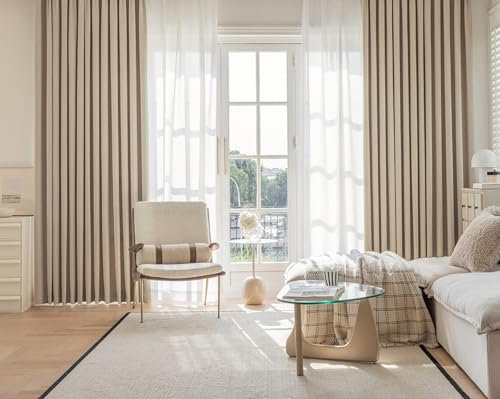 KnSam 2er Set Gardinen mit Ösen Beige, Ösenschal Blickdicht Jacquard Einfarbig, Chenille Ösen Wohnzimmer Vorhänge Vorhang, Jeder B 132 x H 138cm