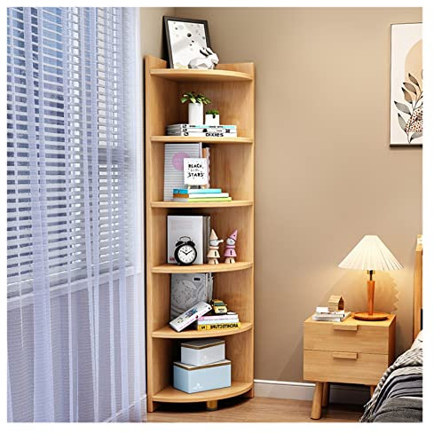 Eckvitrine aus Massivholz für Wohnzimmer, Schlafzimmer, dreieckige Eckaufbewahrungseinheit (6 Ebenen, Holzfarbe, 30 x 30 x 180 cm)