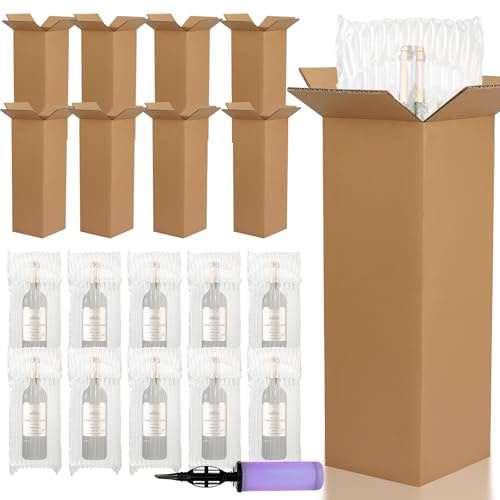 25 Sets Wine Bottle Shipping Boxes, Cardboard Mailers with Air Cushion Bags | Includes Pump and Air Cushion Bags for Standard Wine, Champagne Bottles, Moving, Parcel Post, Travel and Gifts
