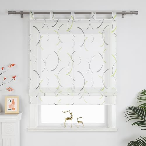 Joyswahl Raffrollo mit Schlaufen Lichtdurchlässig Raffgardinen Wohnzimmer Fenster Vorhänge raffrollos für Fenster ohne Bohren Modern HxB 140 x 100 cm Grün 1 Stück