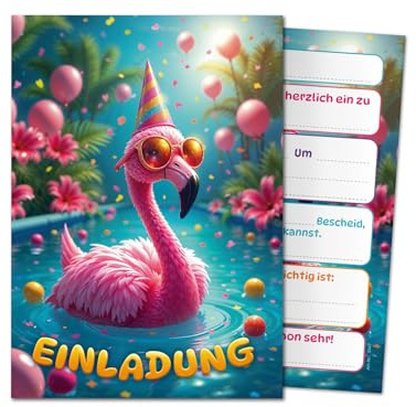 JuNa-Experten 12 Einladungskarten Kindergeburtstag Mädchen Flamingo Schwimmbad Pool-Party Einladungen Geburtstag Kinder Mädchengeburtstag Kinderparty Geburtstagseinladungen Sommer-Party Outdoor-Party
