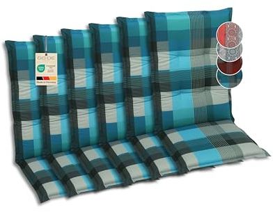 GO-DE Textil Bequeme und attraktive Polsterauflagen für Mittellehner-Gartenstühle (6er-Set, Karo Petrol, Mittellehner)