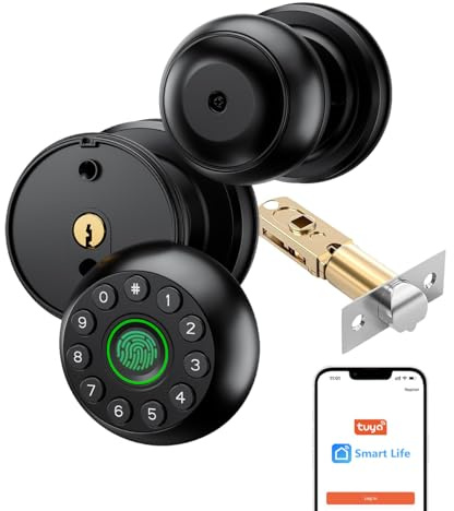 eLinkSmart Smart Keypad Door Knob Fingerprint Door Lock Keyless Entry Ball Door Lock for Bedroom Office Apartment with Real Buttons Support Tuya App