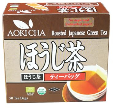 Suwirun Aoki Cha Organic Hojicha 50 Bags – Japanese Roasted Green Tea – Smooth, Bold & Naturally Sweet – Low Caffeine, Eco-Friendly, Unbleached Tea Bags for Hot & Cold Brew