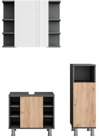Vicco Badmöbel-Set Fynn, Anthrazit/Goldkraft Eiche, 60 cm | besteht aus Waschbeckenunterschrank, Spiegelschrank und Midischrank