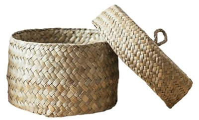 Kleiners Korb Mit Deckel Rattan, Kleine Runde Seegras Lagerkörbe, Runde Seegras Aufbewahrungskörbe, Rustikale Aufbewahrungsbox Gewebte Körbe, Handgewebte Rattan Aufbewahrungskorb