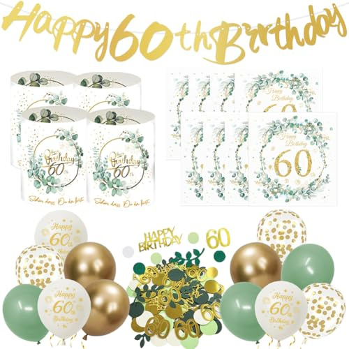 20 Stück 60. Geburtstag Deko Servietten 12 Stück Happy 60th Birthday Windlicht Tischdeko Luftballon Girlande und Konfetti für 60 Jahre Deko Geburtstag Frau Mann