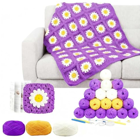 Haayymo Crochet Kit, Crochet Blanket Kit, Complete Starter Crochet Kits for Beginners Adults with Step-by-Step Instructions Book Yarn & Accessories, Learn to Crochet Daisy Granny Kit(Purple)
