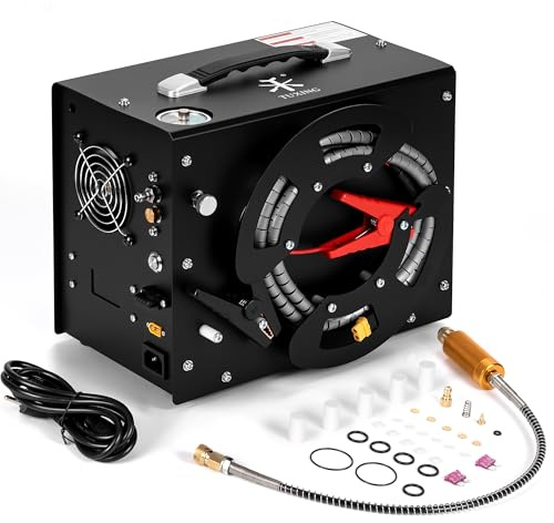 Compresseur d'air PCP 4500 psi, arrêt automatique, sans huile et sans eau, design portable vertical unique + bobine de fil, convertisseur d'alimentation CC 12 V/AC 220 V, compresseur d'air de
