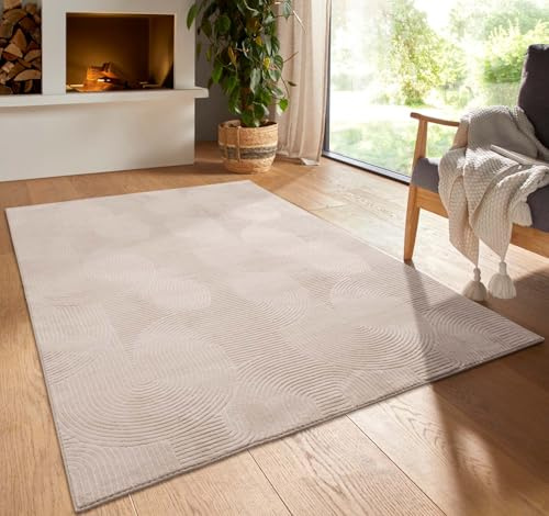 Taracarpet Kurzflor Boho Skandi Polyester Teppich in 3D Optik waschbar, pflegeleicht und robust ideal fürs Wohnzimmer, Schlafzimmer und Kinderzimmer auch als Badematte Beige Wellen 140x200 cm