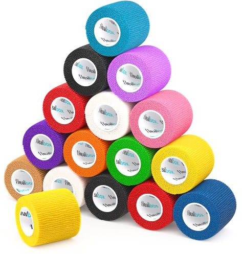 Healbox Cohesive Bandage 5cm x 4.5m Assorted Colors - Pack of 16 for Football Sock Tape, Vet Wrap, Grip Tape