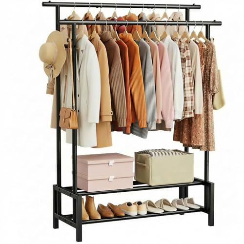 ZHKINGGS Kleiderstange für Schlafzimmer - Doppelte hängende Kleiderstange mit Schuhregal & 4 Kleiderhaken, Tragbare Kleiderständer für Wohnzimmer, Wäsche, Geschäft (Klassisch, Schwarz)
