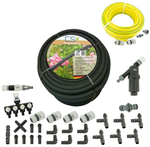 CS Bewässerungssysteme GmbH Perlschlauch Premium 100 m Komplettset für Gartenbewässerung bis 75 m pro Strang mit Druckminderer und Filter