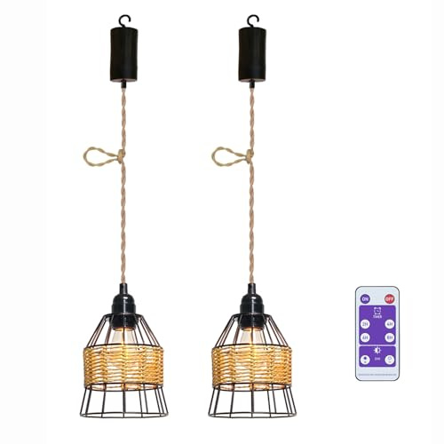 EcoGehen 2x Boho Hängelampe Batterie Deckenlampe Ohne Strom Stromanschluss 2700K/4000K Glühbirne Batteriebetrieben Hängeleuchte Hängend Akku Pendelleuchte Batterien Deckenleuchte Rattan Lampenschirm