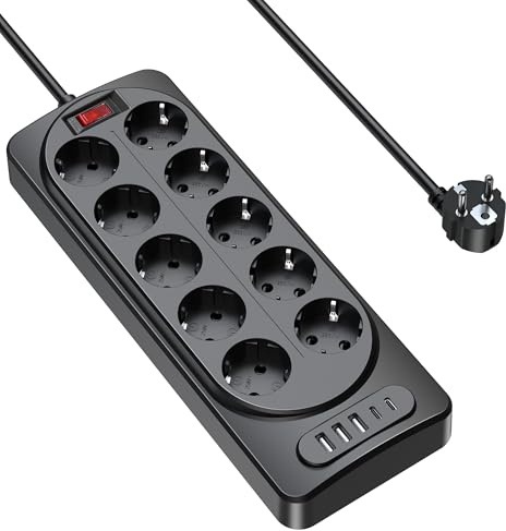 Pluackg 15 in 1 Steckdosenleiste mit USB C, Mehrfachsteckdose mit 10 Steckdosen und 5 USB (2 USB-C, 3 USB-A) Überspannungsschutz mit Schalter, 3M Verlängerungskabel für Büro-Schwarz