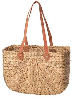 Neustanlo | Einkaufstasche Virella klein | Einkaufskorb langer Henkel | aus Wasserhyazinthe | 39x14x26 cm | Echtlederhenkel